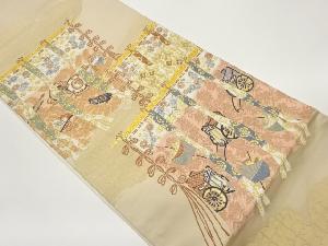 色打掛に御所車・糸巻き・和楽器模様織出し袋帯